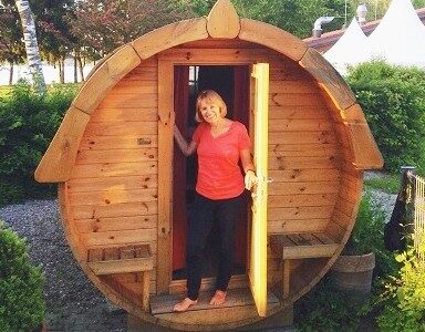 Our amazing barrel sleeping cabin!