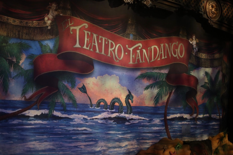 Painted sign of Teatro Fandango, at Shanghai Disneyland, home of the Captain Jack Sparrow Pirate stunt show