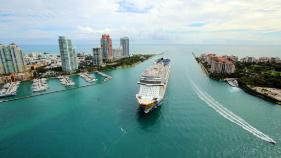 The Norwegian Encore leaving port in Miami FL.