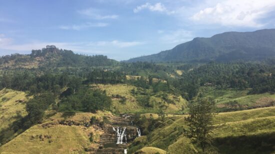 Sri Lanka highlands view with tea plantations mountains and waterfalls