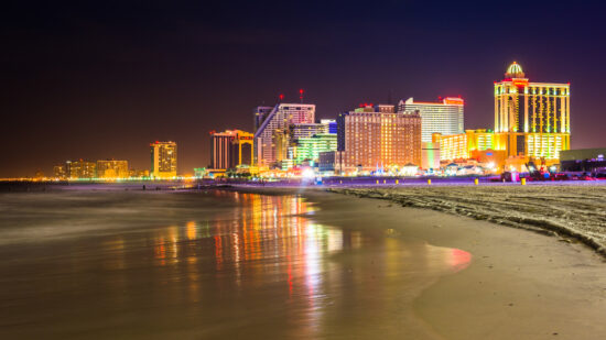 The New Jersey resorts in Atlantic City are dazzling at night.