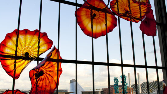Glass art installation at Union Station; Museum of Glass (MoG) and Chihuly Bridge of Glass in the background, Tacoma, WA.