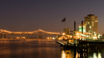 riverboat on Mississippi at sunset in New Orleans
