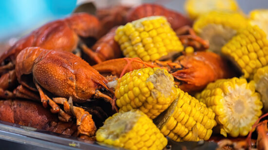 Crawfish boil platter with corn on the cob at a Lake Charles LA restaurant