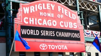 The famous Cubs marquee in Wrigleyville, a fun spot for a photo in Chicago